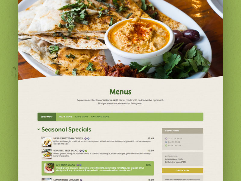 Bellagreen Restaurant Website Design and Website Development