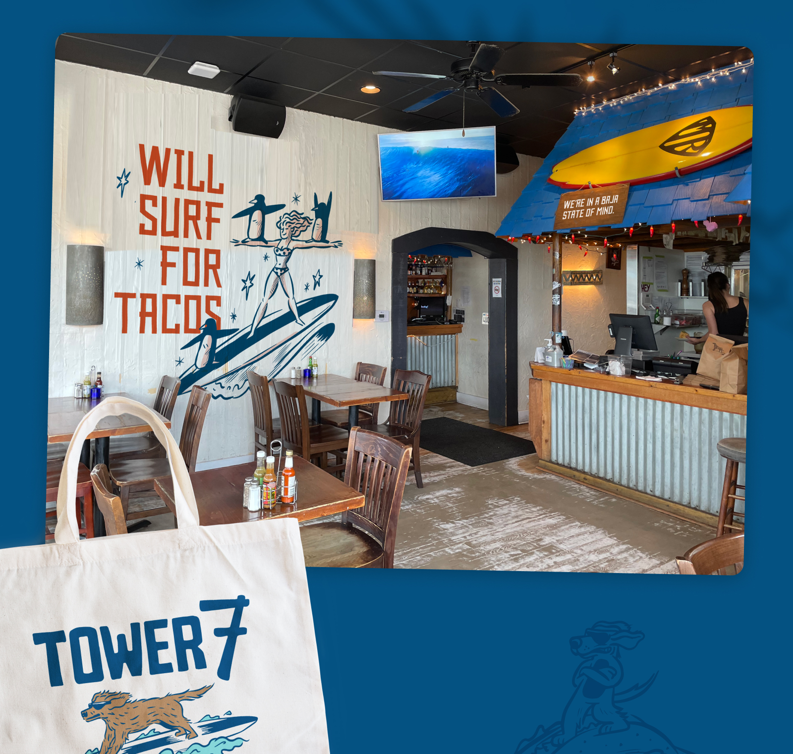 Tower 7 - Beach Bar - Tote Bag and Interior Mural Mockup