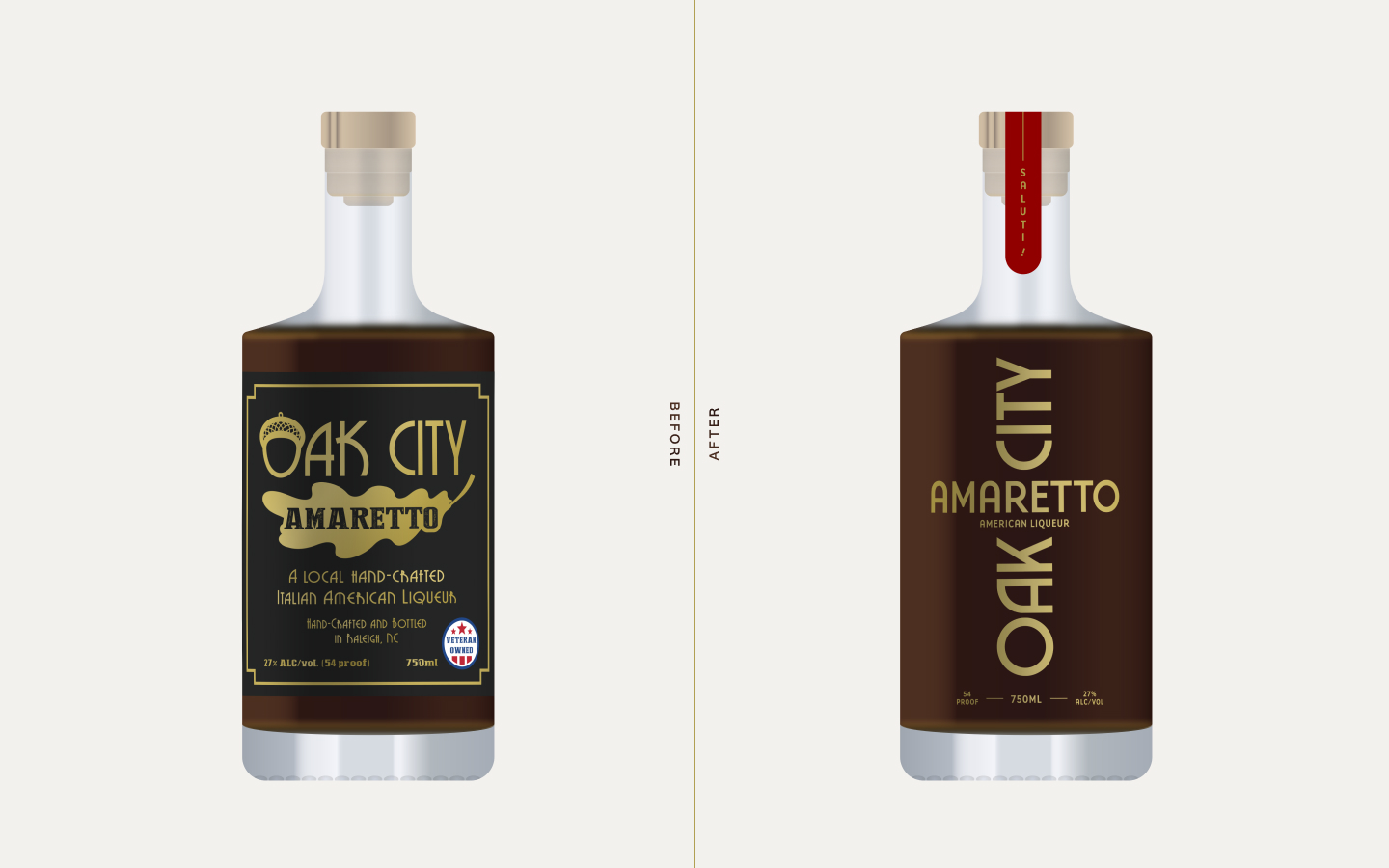 A Before and After of the Bottle | Oak City Amaretto - Packaging Design