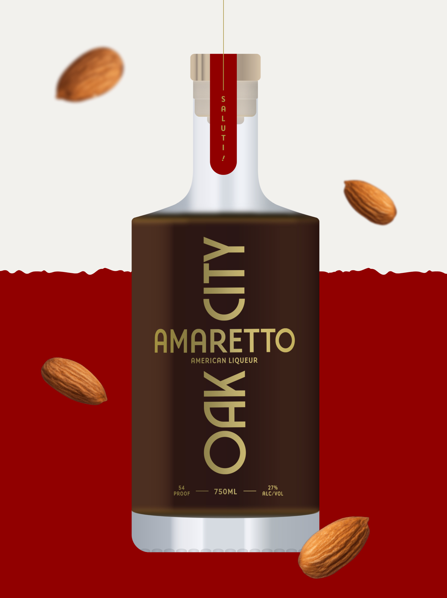 New Custom Screen Printed Bottle with Metallic Gold Ink | Oak City Amaretto - Packaging Design