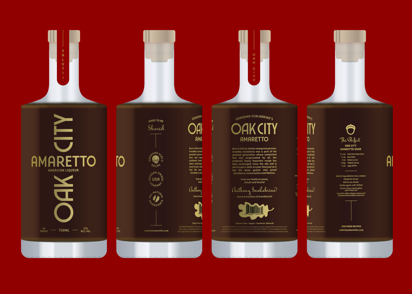 New Packaging Design, Mockups showing all sides of the bottle | Oak City Amaretto - Packaging Design
