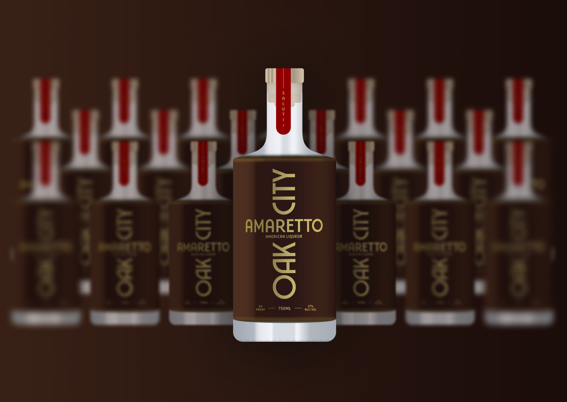 A row of bottles | Oak City Amaretto - Custom Packaging Design